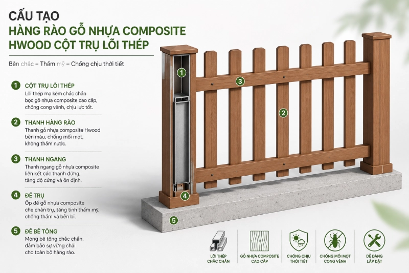 Cấu tạo hàng rào gỗ nhựa composite Hwood cột trụ lõi thép