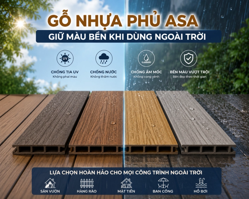 gỗ nhựa phủ ASA ứng dụng ốp mặt tiền ngoài trời