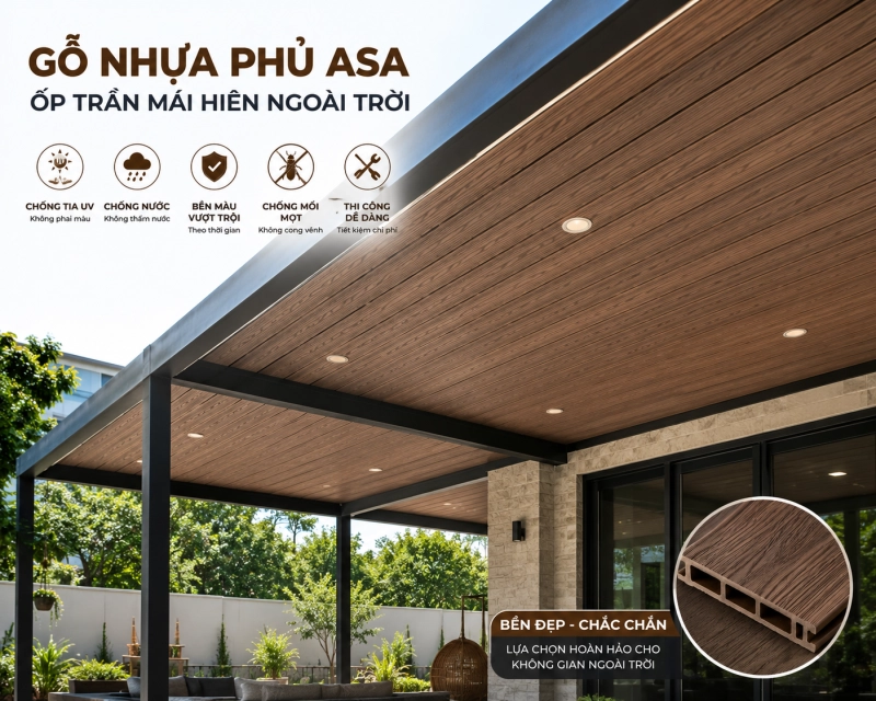 gỗ nhựa phủ ASA ốp trần mái hiên ngoài trời