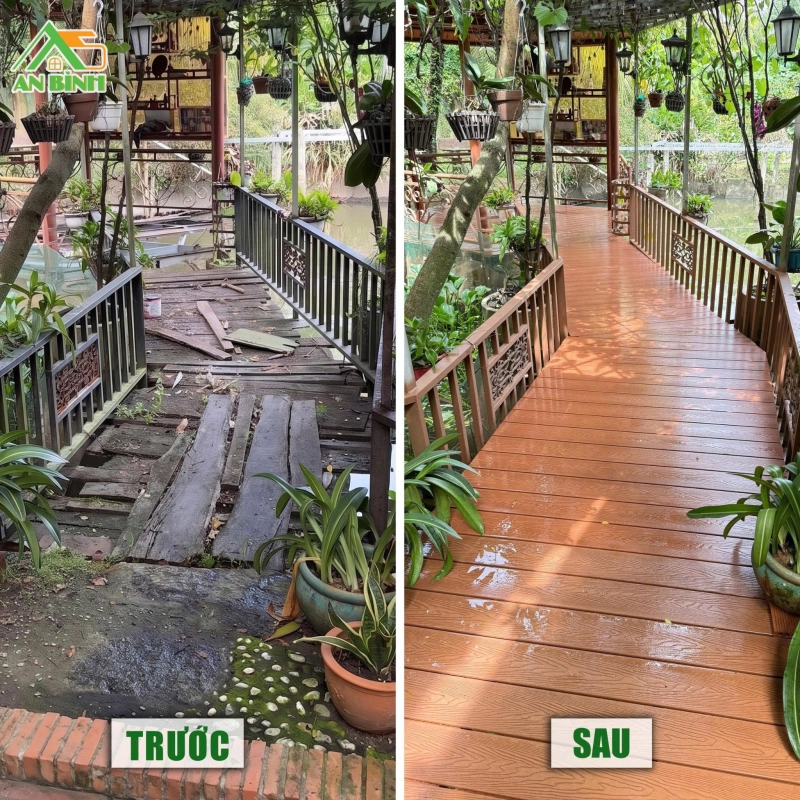 Hình ảnh trước và sau khi cải tạo lối đi chòi nghỉ sân vườn bằng gỗ nhựa ngoài trời tại Long Phước
