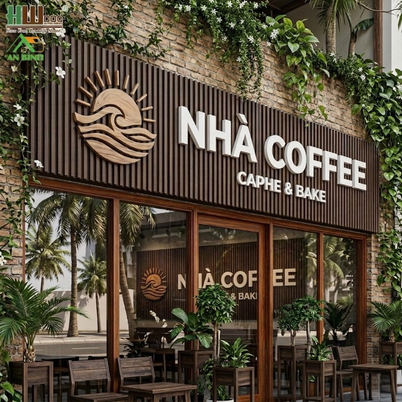 Mẫu gỗ nhựa ốp mặt tiền kết hợp bảng hiệu cửa hàng sang trọng và hiện đại