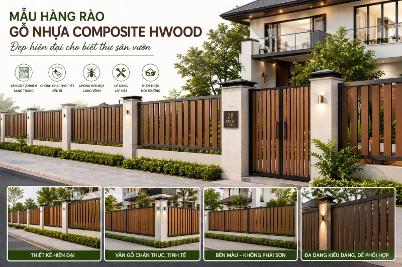 Mẫu hàng rào gỗ nhựa composite Hwood đẹp hiện đại cho biệt thự sân vườn