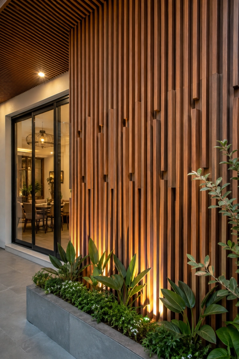 Ốp lam sóng gỗ nhựa mặt tiền nhà phố hiện đại tạo hiệu ứng 3D