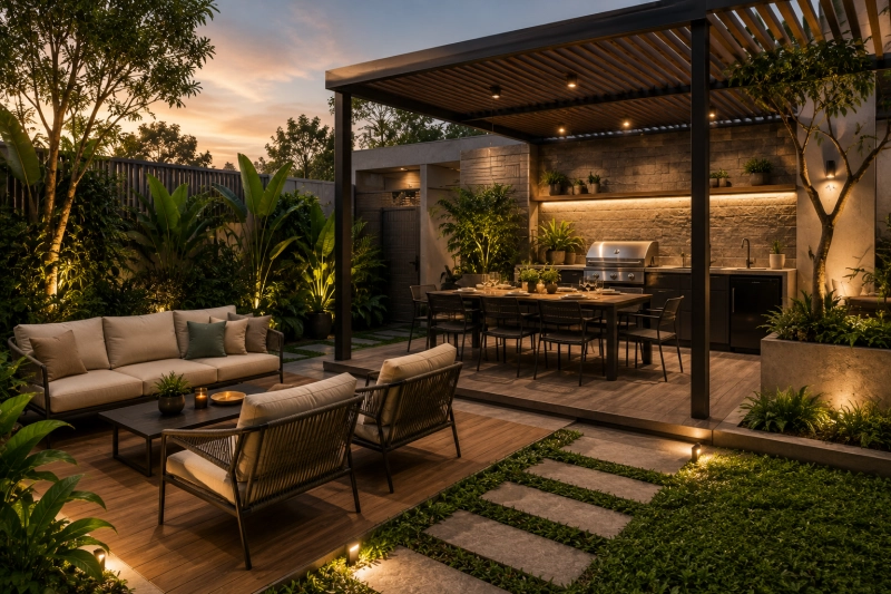 Không gian outdoor living với khu bếp BBQ và khu tiếp khách ngoài trời