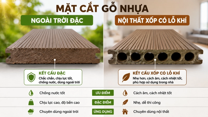 phân biệt gỗ nhựa ngoài trời và nội thất qua mặt cắt