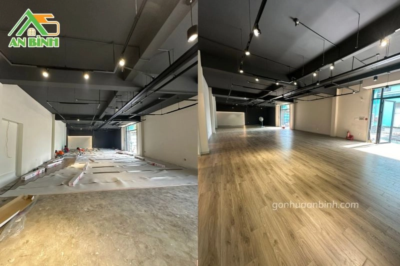 Sàn gỗ công nghiệp hoàn thiện showroom sofa Tân Hoàng Gia Hóc Môn trước và sau thi công