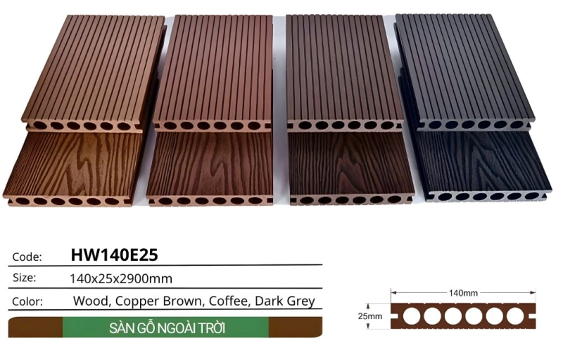 Sàn gỗ nhựa ngoài trời Hwood HW140E25 vân 3D màu vàng gỗ ấm dùng cho lối đi sân vườn