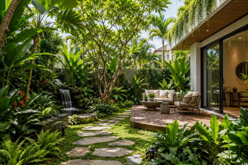 Sân vườn nhiệt đới với cây xanh phù hợp khí hậu Việt Nam