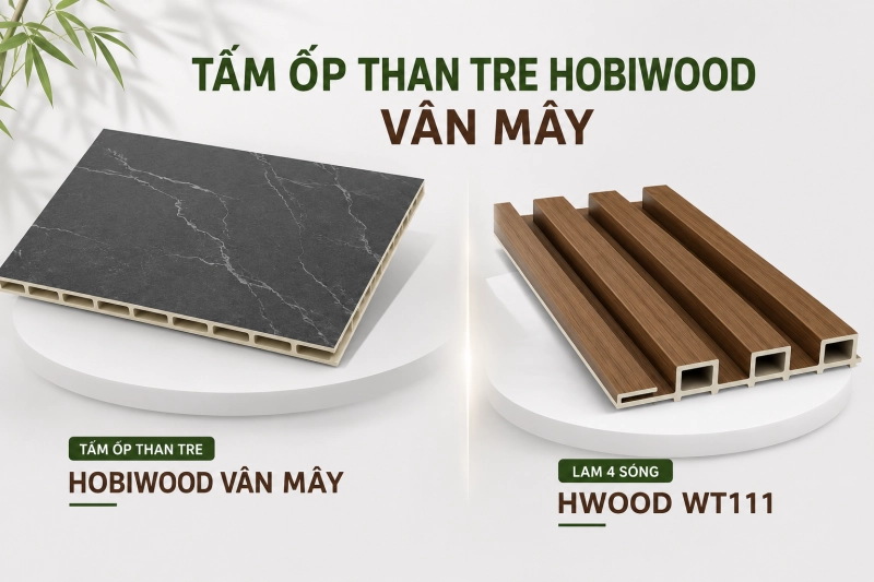 Tấm ốp than tre Hobiwood vân mây và lam 4 sóng Hwood WT111 nâu đậm dùng tại công trình