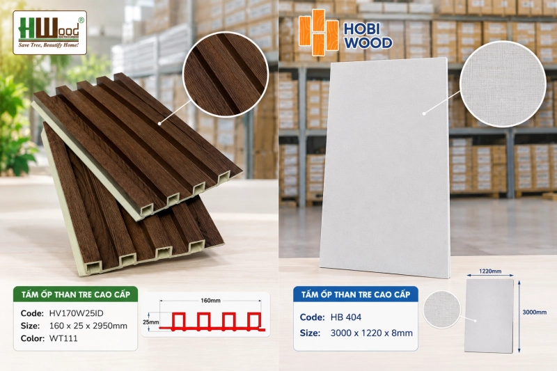 Tấm than tre Hobiwood vân vải và lam 4 sóng Hwood nâu đậm dùng ốp vách phòng ngủ