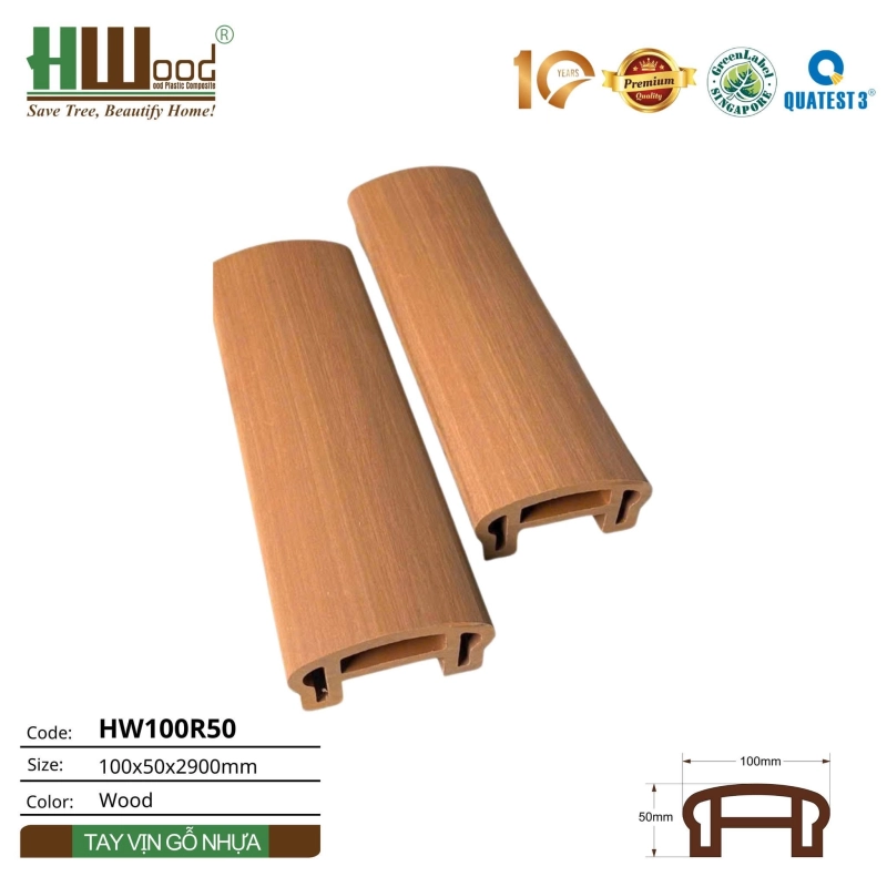 Tay vịn gỗ nhựa 100x50mm màu Wood Hwood xả kho giảm 50%