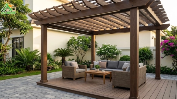 Thi công giàn hoa gỗ nhựa – Pergola, giàn leo, mái che sân vườn bền đẹp ngoài trời