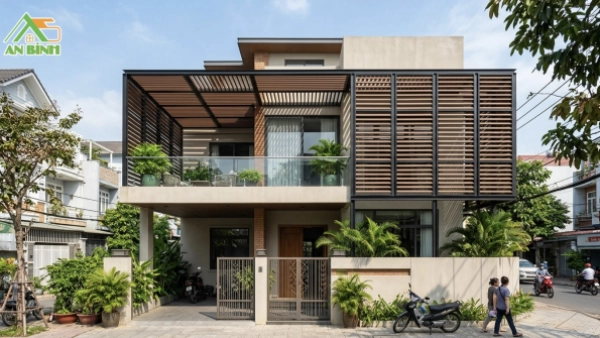 Thi công lam che nắng mặt tiền – Lam chắn nắng gỗ nhựa Hwood bền đẹp cho nhà phố, biệt thự